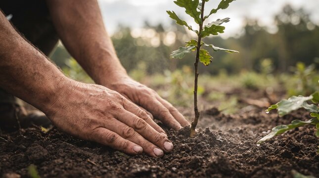 Hands planting young oak tree sapling in soil for reforestation