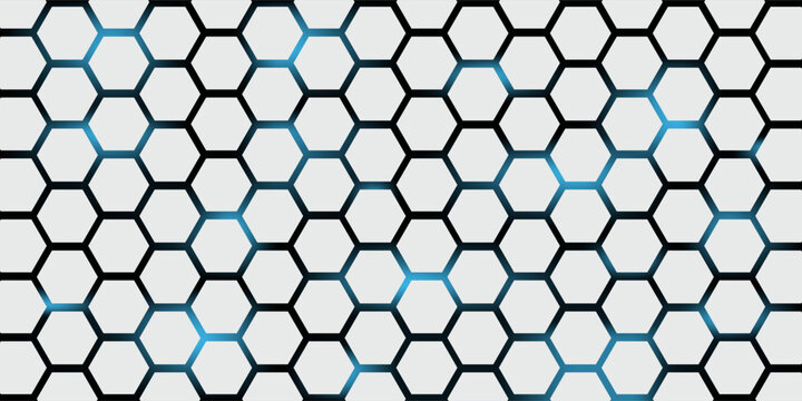 White 3d hexagonal technology vector abstract background. Blue bright energy flashes under hexagon in modern technology futuristic background vector illustration. White honeycomb texture grid.