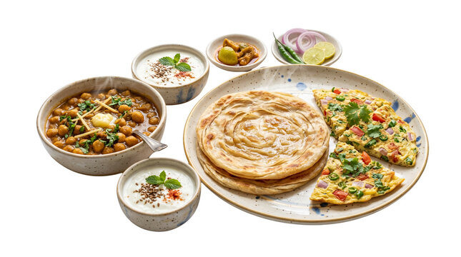 Traditional Indian breakfast platter with lachha paratha and chole, spicy masala omelette with yogurt raita, authentic punjabi brunch meal isolated PNG with Transparent Background