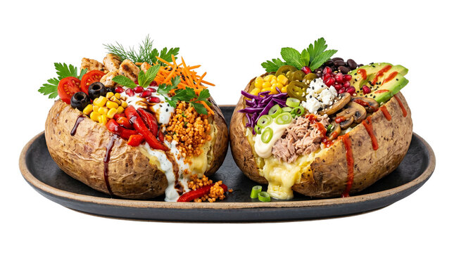 Loaded baked potatoes with colorful toppings, gourmet stuffed jacket potatoes on a dark plate, healthy vegetable and protein potato bowls isolated PNG with Transparent Background