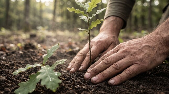 Human hands planting oak sapling in forest soil sustainability concept