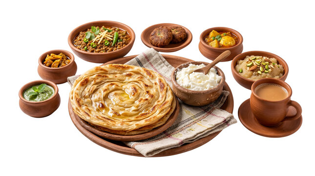 Traditional Indian breakfast thali with lachha paratha, authentic punjabi food served in clay pots, desi nashta with chai and yogurt isolated PNG with Transparent Background