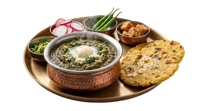 Traditional Sarson Ka Saag and Makki Ki Roti, authentic Punjabi thali with corn flatbread and mustard greens, Indian winter meal with butter and radish isolated PNG with Transparent Background