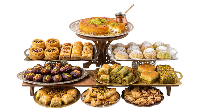 Traditional Middle Eastern sweets assortment, gourmet baklava and kunafa platter, oriental dessert collection with pistachios and dates isolated PNG with Transparent Background