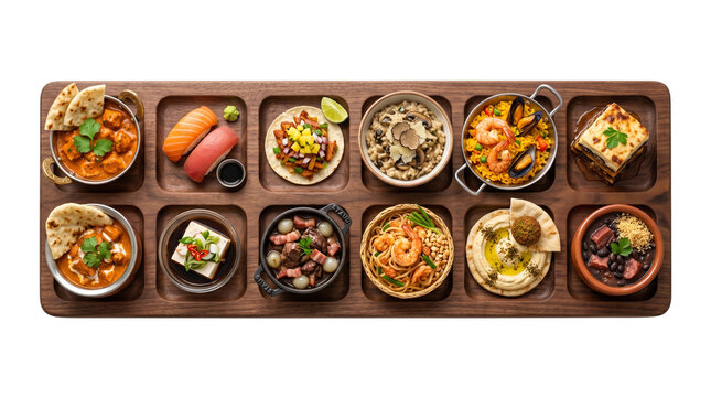 International cuisine sampler on wooden tray, diverse world food collection with sushi, curry, and paella, gourmet global appetizer platter isolated PNG with Transparent Background