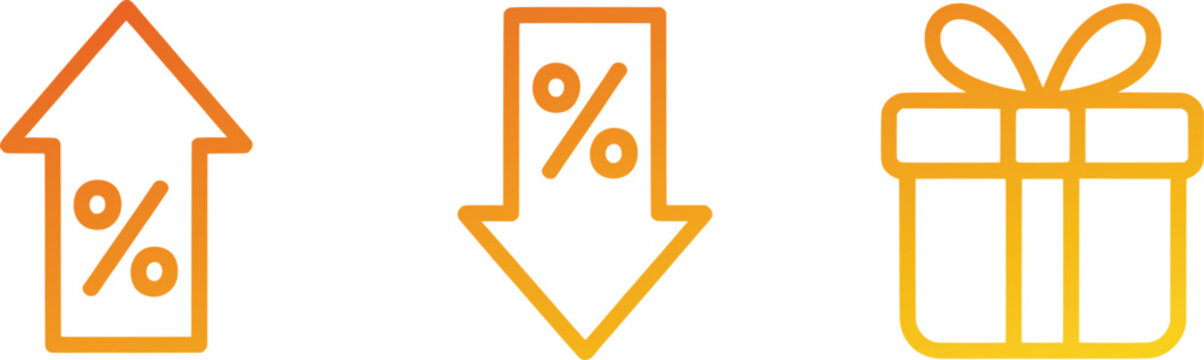 Orange gradient arrow up and down percent symbols and gift box outline icons for business sales