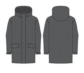 Hooded parka jacket front and back view vector design mockup template technical flat sketch. © Apparel Design