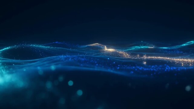 New Year Christmas flare blue wave light with glowing particle line, glowing blue wave background with soft abstract motion over dark space, blue wave light flare and Christmas glow for SEO
