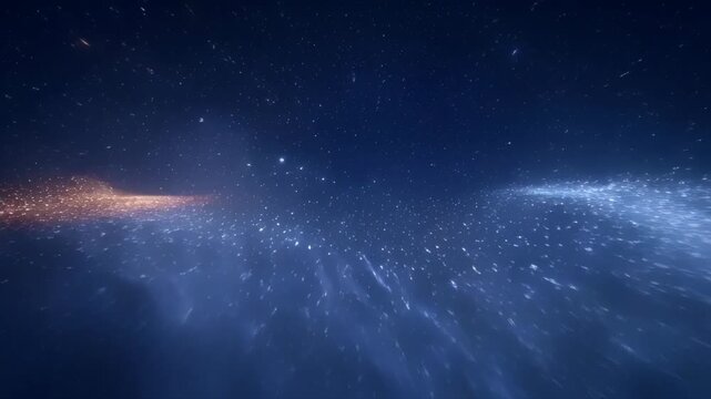 New Year Christmas flare in glowing space scene with blue star field, soft orb, festive cosmic light, dark sky, light particles, abstract motion, holiday celebration, magic glow