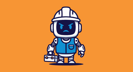 Fototapeta premium Cute Angry Robot Construction Worker Character Wearing Hard Hat and Carrying Toolbox Illustration.