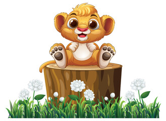 Fototapeta premium Cute Cartoon Lion Cub Sitting on a Tree Stump in Grass