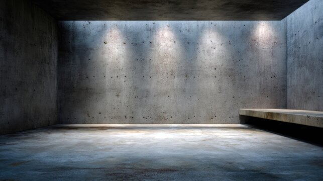 Minimalistic interior of an empty room with concrete walls and lighting for modern architecture design concepts