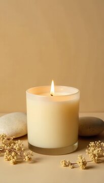 Burning vanilla candle, dry flowers, beige backdrop, smooth stones, home spa setting, wellness, self care