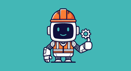 Fototapeta premium Cute cartoon robot construction worker holding a gear.