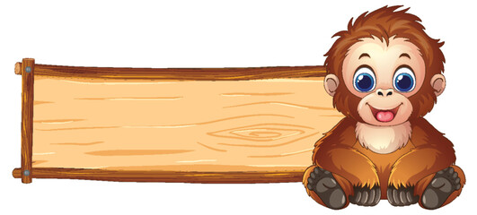 Fototapeta premium Cartoon Orangutan Sitting Next to a Blank Wooden Sign
