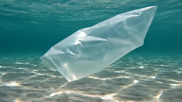 Single Discarded Plastic Bag Floating Underwater Creating Environmental Pollution in the Clear Ocean Ecosystem