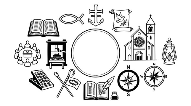 Collection of Christian religious icons and symbols arranged around a central circular frame.