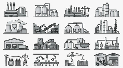 Obraz premium Corporate Industrial Facility Icons Set Monochromatic Illustrations of Factories Power Plants Recycling and Manufacturing Equipment