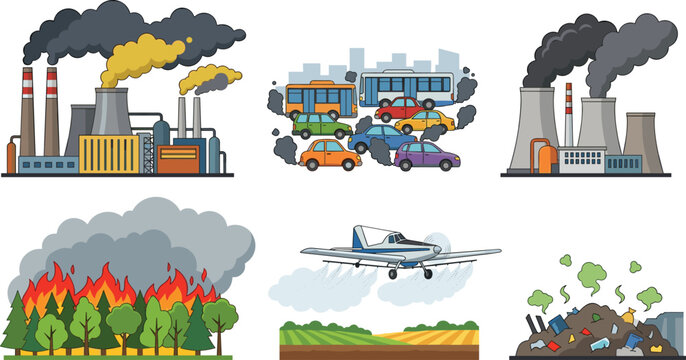 Air pollution flat vector illustration set showing factory smoke stack city traffic jam forest wildfire crop duster plane and garbage dump