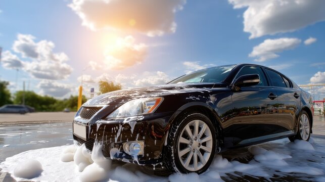 Black sedan car covered in soap bubbles during a sunny day at a car wash with blue sky and fluffy clouds