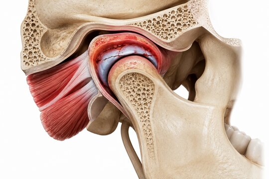 Temporomandibular joint TMJ cross section showing cartilage disc wear and joint inflammation, 3D medical anatomy illustration.