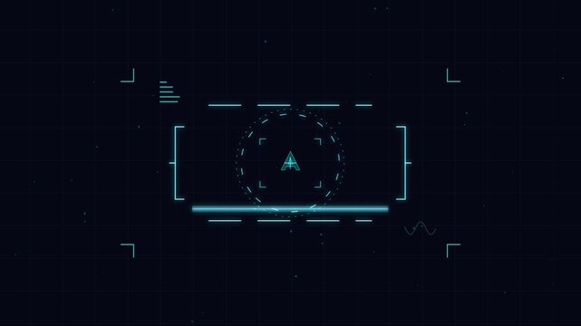 digital interface with blue and pink neon geometric shapes on dark grid background, futuristic HUD elements
