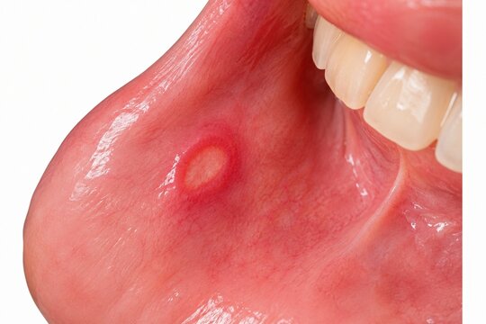 Close up view of painful aphthous ulcer or canker sore on inner cheek mucous membrane, oral pathology medical illustration.