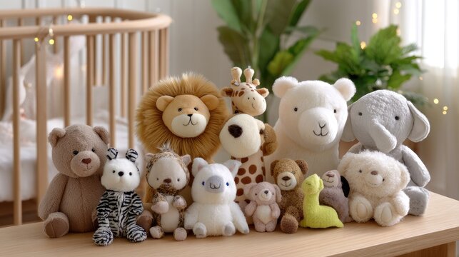 Adorable Collection of Soft Baby Toys in a Cozy Nursery Setting with Soft Lighting and Greenery