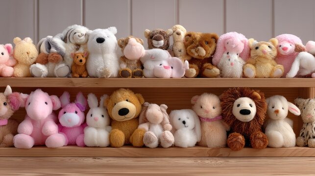 A Colorful Collection of Plush Toys Displayed on a Wooden Shelf in a Playful Setting