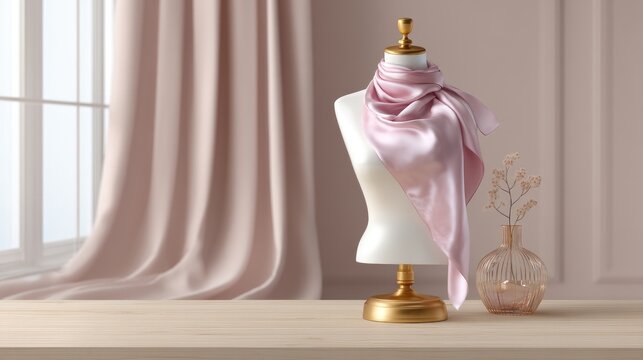 Elegant silk scarf displayed on dress form in modern interior with pastel color scheme and soft natural light