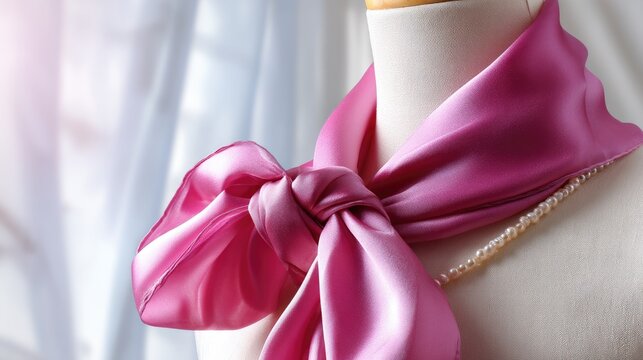 Elegant Pink Silk Scarf Knotted on Dress Form with Pearls and Soft Drapery Background in Natural Light