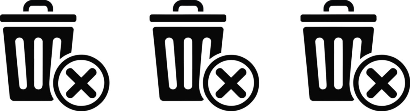 Trash delete icon set with garbage bin and remove symbols vector