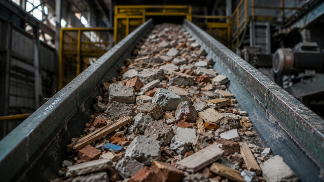 Conveyor belt transporting rubble and debris inside an industrial facility.
