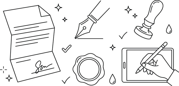 Legal document signing and digital signature line icon set featuring pen stamp and tablet