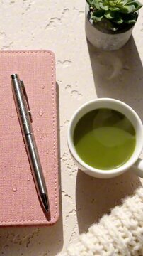 Flat lay of a pink notebook with a silver pen, a cup of green tea, and a potted succulent plant on a textured surface
