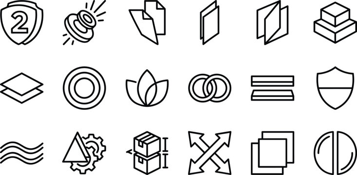 Material properties and product specifications line icons set with layers shield boxes and geometric symbols