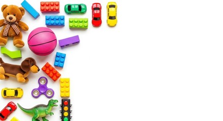 Obraz premium Colorful Children's Toys Flat Lay with Teddy Bear, Cars, and Building Blocks on White Background with Copy Space