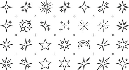 Minimalist magic stars and twinkle sparkles line icons set with glowing bursts and rainbow arc © MDBABULU