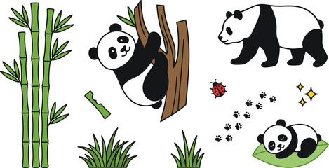 Cute panda bear cartoon vector illustration set featuring giant panda walking climbing tree trunk sleeping baby panda footprints ladybug and green bamboo stalks © MdMahfizur