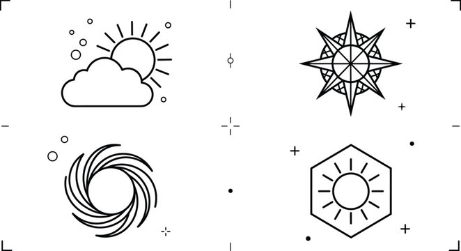 Minimalist sun symbols and weather line icons set with compass star vortex and hexagon badge