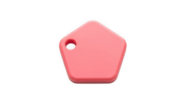 Pink pentagon shaped plastic tag with hole isolated on transparent background for branding and creative label design.