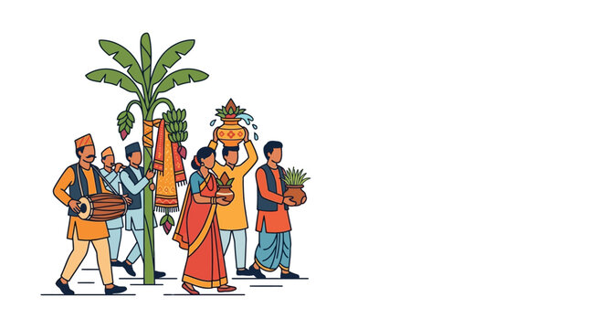 Group of Indian people in traditional attire participating in a cultural procession.