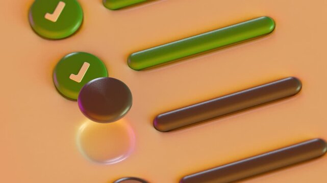 Minimal green checkmarks appear from empty to complete. Concept representing task completion, workflow progress, and successful execution. 3D Render Loop Animation