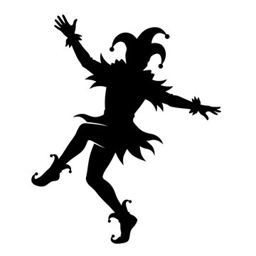 Medieval jester silhouette dancing in traditional costume, court fool character vector, playful harlequin performer with bells and pointed hat isolated on White Background