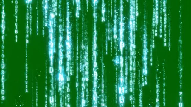 Digital matrix code falling rain effect with streaming cyan binary data particles on green background.