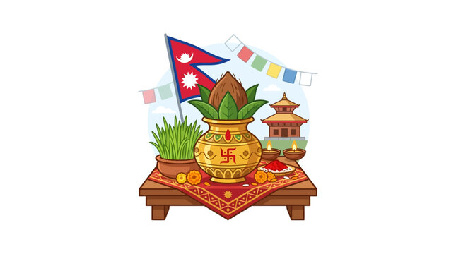 Traditional Nepali Dashain festival celebration elements with kalash and flag.