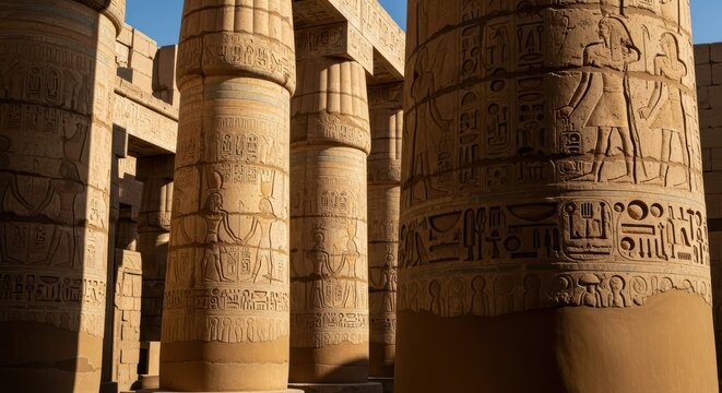 Ancient Egyptian Hieroglyphics and Carvings on Stone Columns at Karnak Temple Complex in Luxor, Egypt