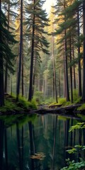Obraz premium A serene forest glade with tall trees and a tranquil lake, financial freedom, abundance