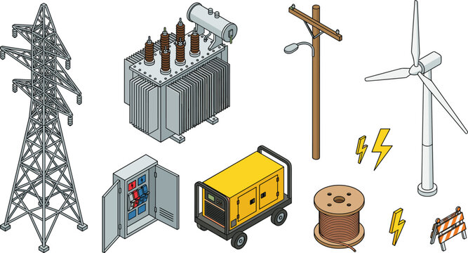 Isometric electrical grid vector infrastructure icon set featuring high voltage transmission tower transformer utility pole wind turbine mobile generator and wire spool