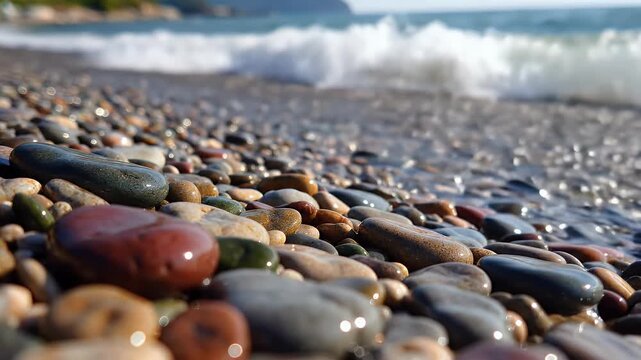 Close-up of wet pebbles on a shore with gentle waves lapping